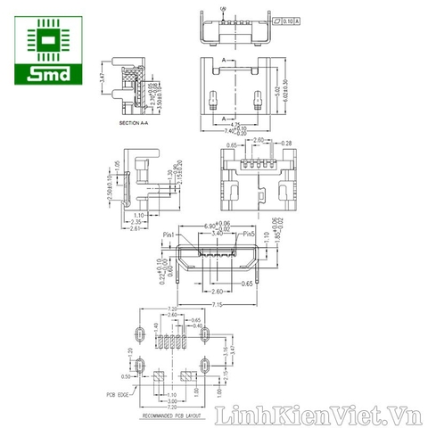 Chân micro USB cái SMD (chân định vị cắm) (mẫu 12)