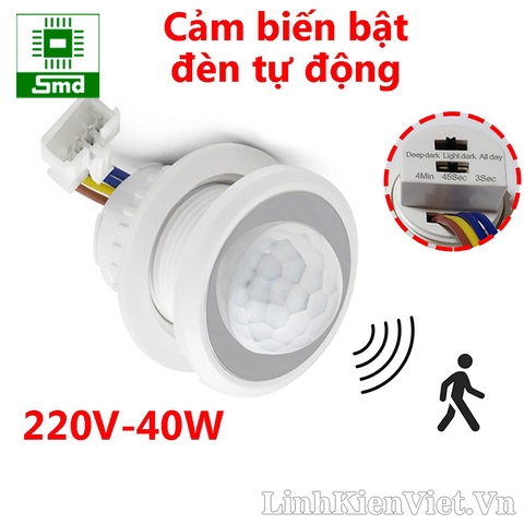 Công tắc cảm biến chuyển động hồng ngoại bật tắt đèn tự động 220V - Có điều chỉnh thời gian và độ nhạy