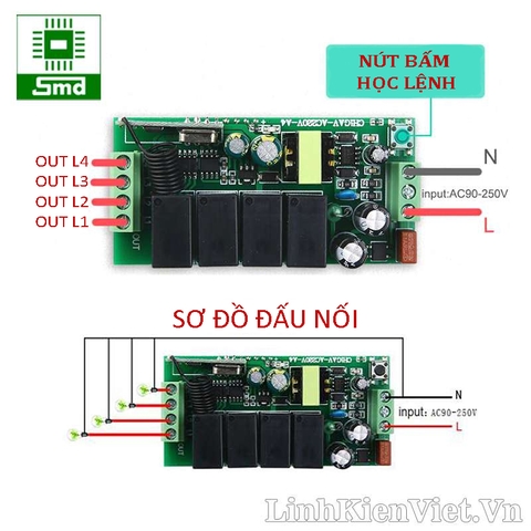 Bộ điều khiển thiết bị RF 4 kênh 433MHz 220V học lệnh (7 chế độ)