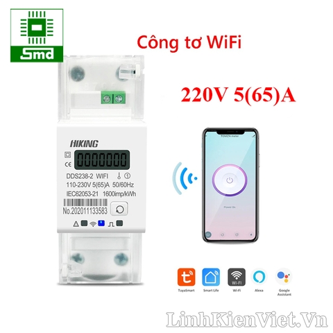 Công tơ điện tử WiFi HIKING DDS238-2 220V 5(65)A đo công suất điện năng tiêu thụ - hẹn giờ, bật tắt từ xa dùng app Smart Life