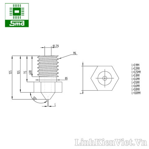 Đầu phun máy in 3D M6 0.3/1.75mm
