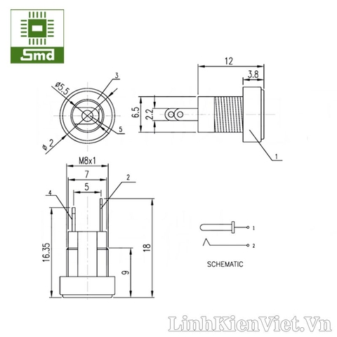 Chân nguồn DC 5.5x2.1mm DC022B mạ đồng dòng cao 5A