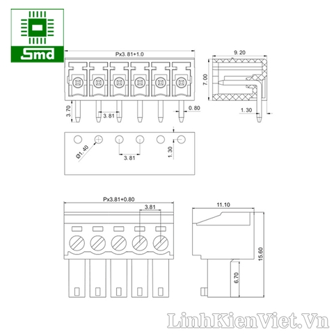 2EDG-20P-3.81mm Thẳng 20 chân (xanh lá)