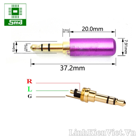 Jack Audio 3.5mm đực 3 chân lõi đồng vỏ nhôm (Tím)