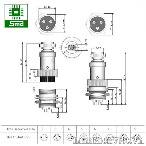 GX16-10P Đầu nối nhanh 10 chân vỏ sắt 16mm