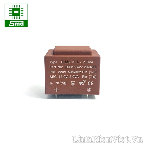 Biến áp 220V-12V 2W có chân hàn PCB