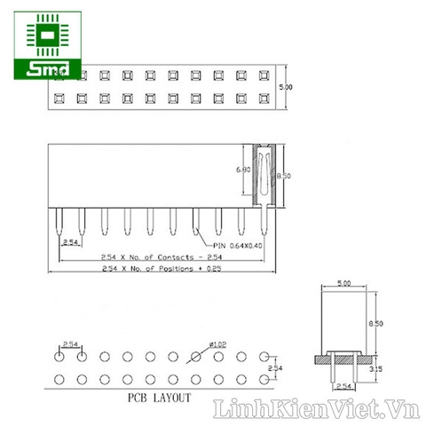 Pin header kép cái thẳng 2x15 2.54mm