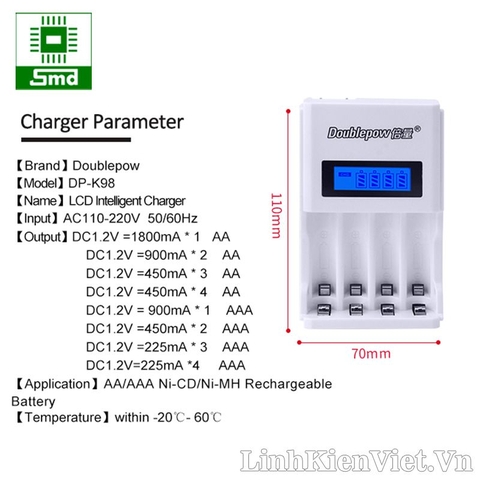 Bộ sạc Doublepow 4 pin AA AAA hiển thị LCD K98