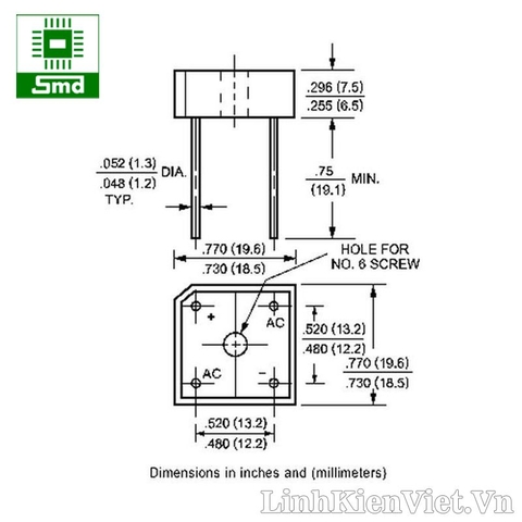 Diode cầu vuông 10A 1000V KBPC1010