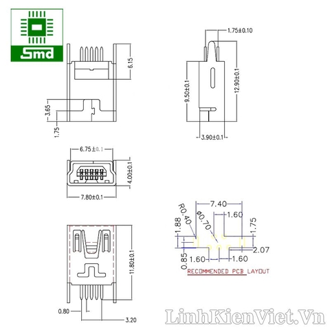 Chân mini USB loại đứng (mini USB DIP 5P)