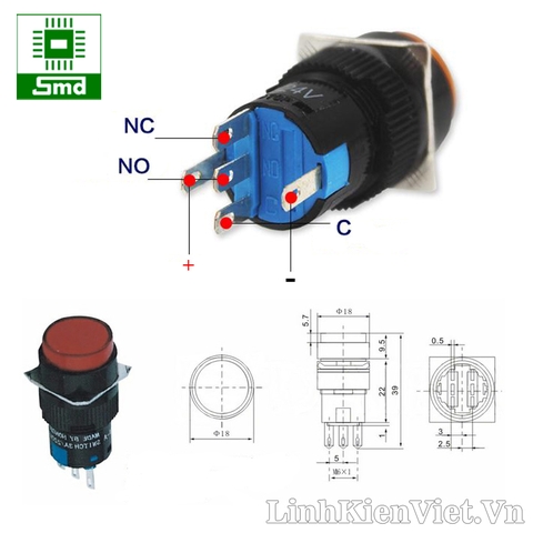 Nút nhấn giữ 16mm LA-16 24V (Màu đỏ)