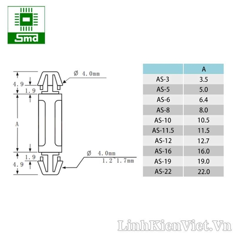 Chân nhựa nối tầng PCB AS-10 phi 4mm cao 10mm (cọc nhựa)