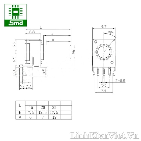 Triết áp ngang RV09 (chuôi ngắn 7.5mm) - 5K