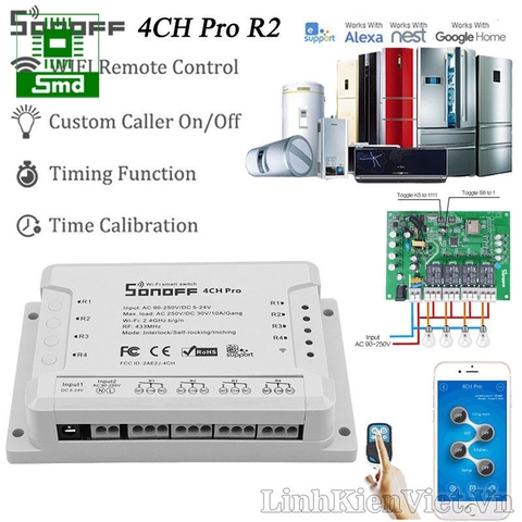 Công tắc thông minh SONOFF 4CH PRO R2 điều khiển từ xa qua WiFi và RF 4 kênh