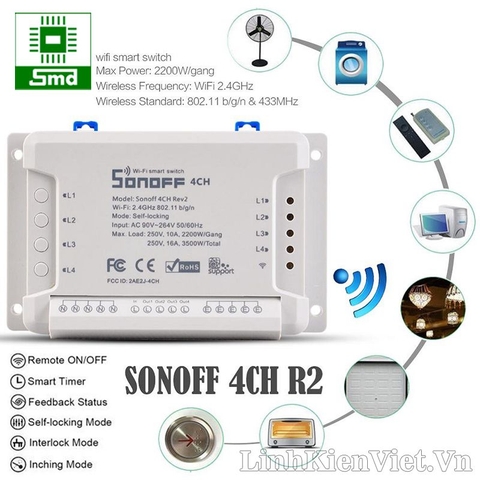 Công tắc thông minh SONOFF 4CH R2 điều khiển từ xa qua WiFi 4 kênh