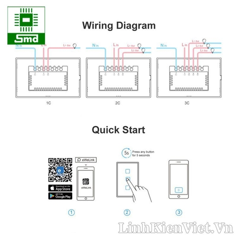 Công tắc cảm ứng âm tường WiFi SONOFF T2 US 3 kênh (Chữ nhật)