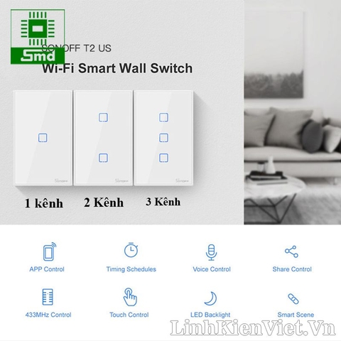 Công tắc cảm ứng âm tường WiFi SONOFF T2 US 3 kênh (Chữ nhật)