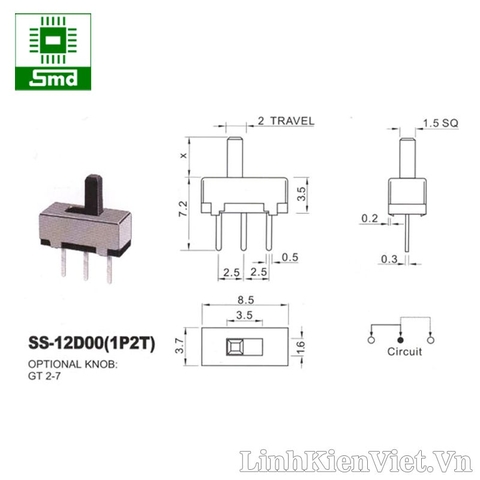 Công tắc gạt 3 chân SS12D00G4 (chuôi dài 4mm)