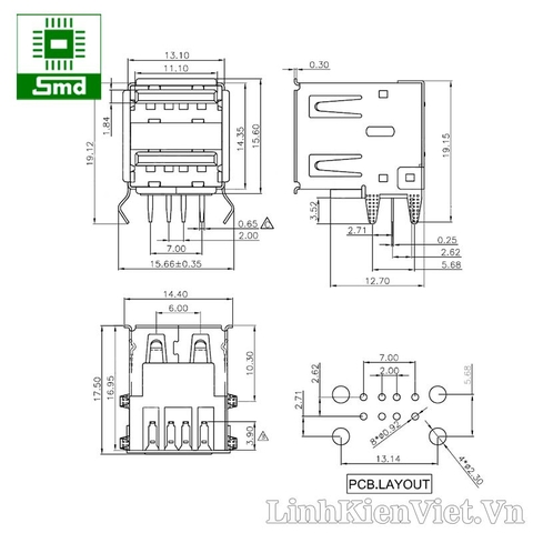 Chân USB type A cái đôi