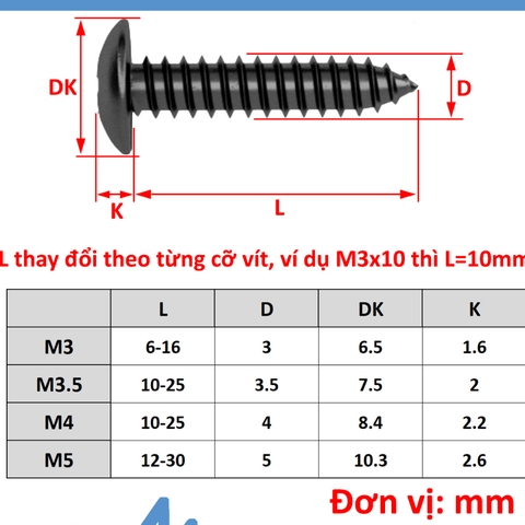 Đinh vít Pake đầu dù (Mũ to) màu đen sơn tĩnh điện M5