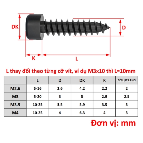 Vít Lục giác Đầu Trụ Tôi Đen 8.8 M2 bắt chìm thép đen