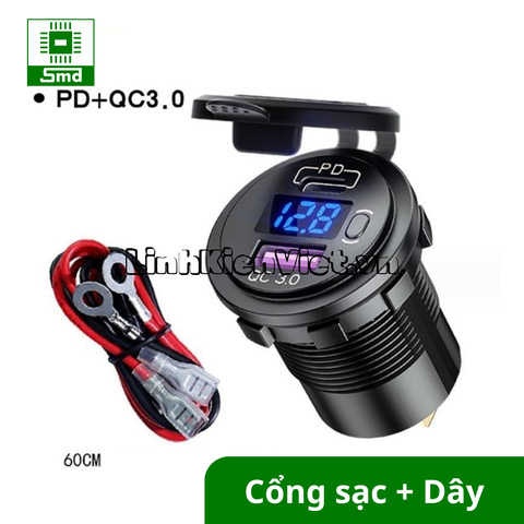 Cổng Sạc Điện Thoại Gắn Xe Máy QC3.0 18W PD 30W Chống Nước kèm mặt che