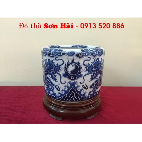 Bát hương Bát Tràng, sứ men lam giả cổ đẹp, rồng nổi cao cấp, rộng 25cm