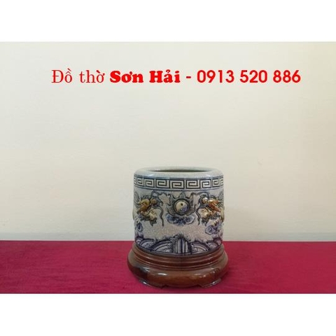 Bát hương sứ Bát Tràng, men rạn đẹp, rồng nổi giả cổ cao cấp, rộng 14cm