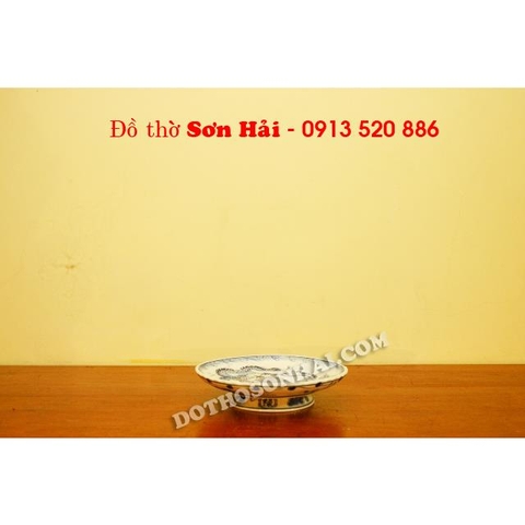 Mâm bồng bằng sứ Bát Tràng, men lam giả cổ cao cấp, rộng 20cm