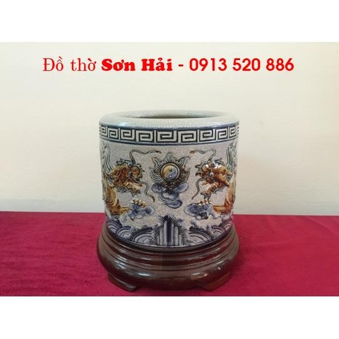 Lư hương gốm sứ Bát Tràng giả cổ, men rạn cao cấp, rồng nổi đẹp, rộng 22cm