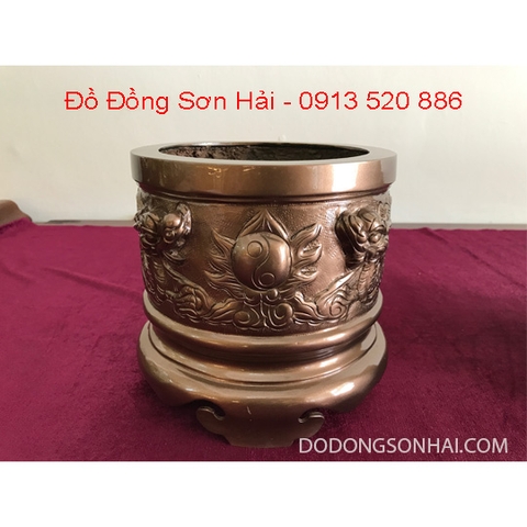 Đúc bát hương rồng nổi bằng đồng đỏ, làm màu mắt cua giả cổ Việt Nam rộng 18cm, mã D07