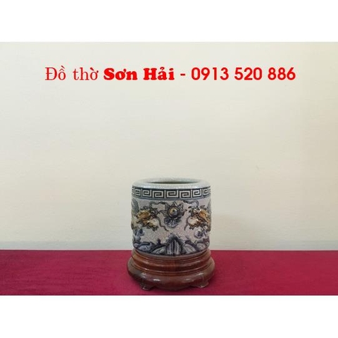 Bát nhang sứ men rạn Bát Tràng đẹp, rồng nổi giả cổ cao cấp, rộng 12cm