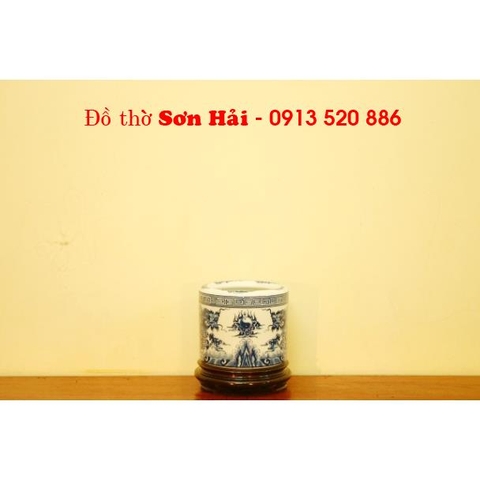 Bát hương sứ Bát Tràng, men lam giả cổ cao cấp, miệng cong, rộng 14cm