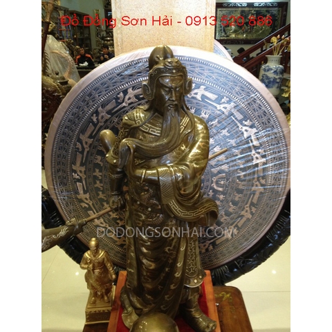 Tượng Quan Công bằng đồng đỏ khảm tam khí cao 50cm, mã PH03