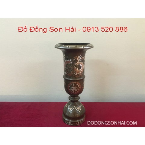 Ống đựng hương (nhang) đúc bằng đồng đỏ khảm tam khí cao cấp Việt Nam, cao 33cm