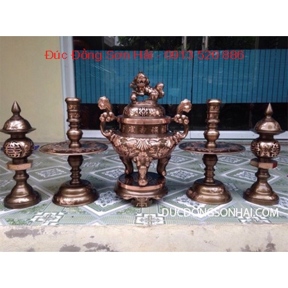 Bộ ngũ sự bằng đồng đỏ khảm tam khí đẹp, cao 60cm, phù hợp với bàn thờ dài 1m76 trở lên