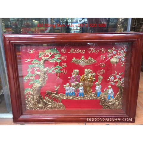 Tranh đồng mừng thọ 2 cụ, hàng chạm tinh xảo, 74cm x 114cm, mã TH04