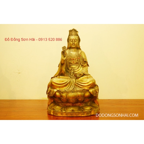 Tượng Phật Bà Quan Âm bằng đồng vàng làm màu cổ cao 40cm