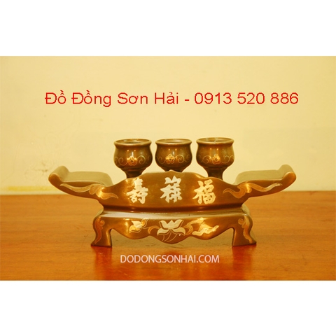 Bộ chén thờ 3 chén, ngai chén đúc bằng đồng đỏ khảm tam khí Việt Nam đẹp