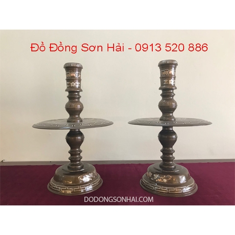 Chân nến bằng đồng đỏ, khảm tam khí Việt Nam đẹp, cao 50cm