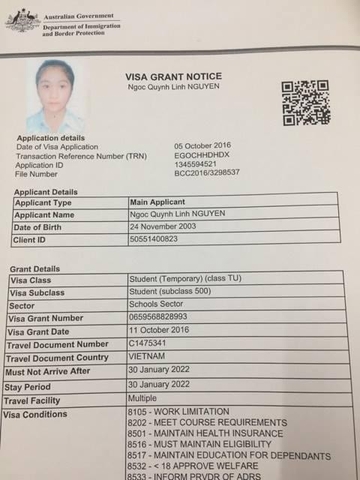 CHÚC MỪNG BẠN NGUYỄN NGỌC QUỲNH LINH ĐẠT VISA HỌC THPT TẠI ÚC