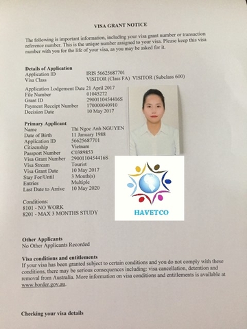 CHÚC MỪNG EM NGUYỄN NGỌC ANH ĐẠT VISA DU LỊCH ÚC