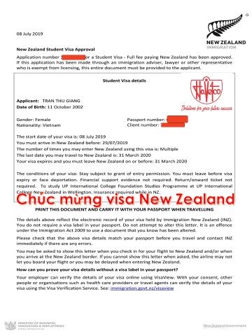 VISA NEW ZEALAND - CHÚC MỪNG CHÁU TRẦN THU GIANG