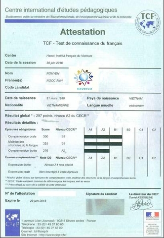 BẠN NGUYỄN NGỌC ANH LUYỆN THI TCF TẠI HAVETCO VÀ HIỆN ĐANG HỌC TẬP TẠI PHÁP