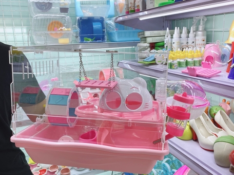 Lồng mèo mica trung màu hồng