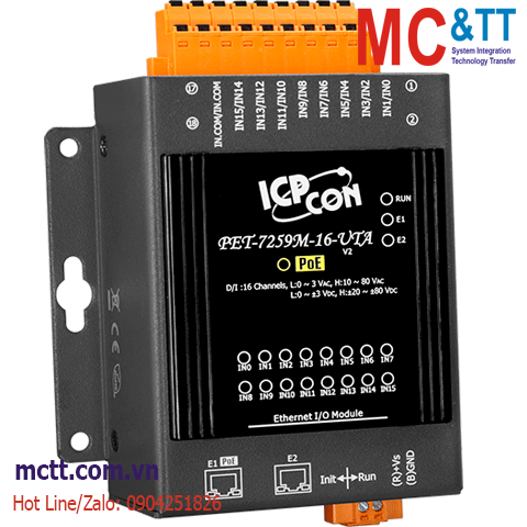 Module 2 cổng PoE Ethernet Modbus TCP 16 kênh AC/DC DI ICP DAS PET-7259M-16-UTA CR