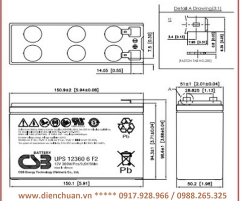 Ắc quy CSB 12V 6Ah ( UPS 12360 6 F2/ 12V 360W)