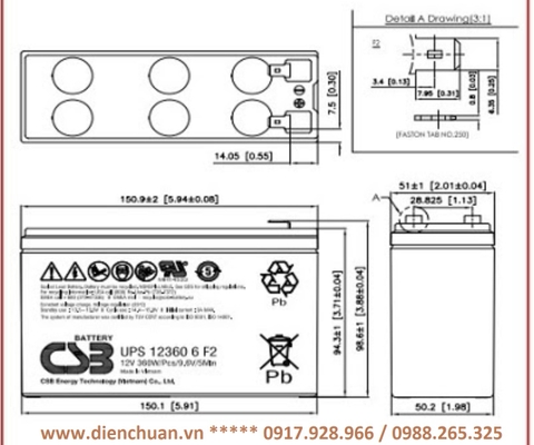 Ắc quy CSB 12V 6Ah ( UPS 12360 6 F2/ 12V 360W)