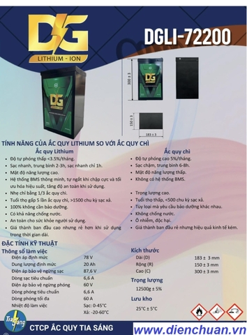 Pin Lithium dùng cho xe điện 72V 20Ah ( DGLI-72200 )/ Ắc quy Lithium Đức Giang (DG)- Tia Sáng (TS) 72V-20Ah