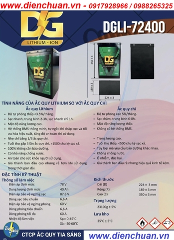 Pin Lithium dùng cho xe điện 72V 40Ah ( DGLI-72400 )/ Ắc quy Lithium Đức Giang (DG)- Tia Sáng (TS) 72V-40Ah